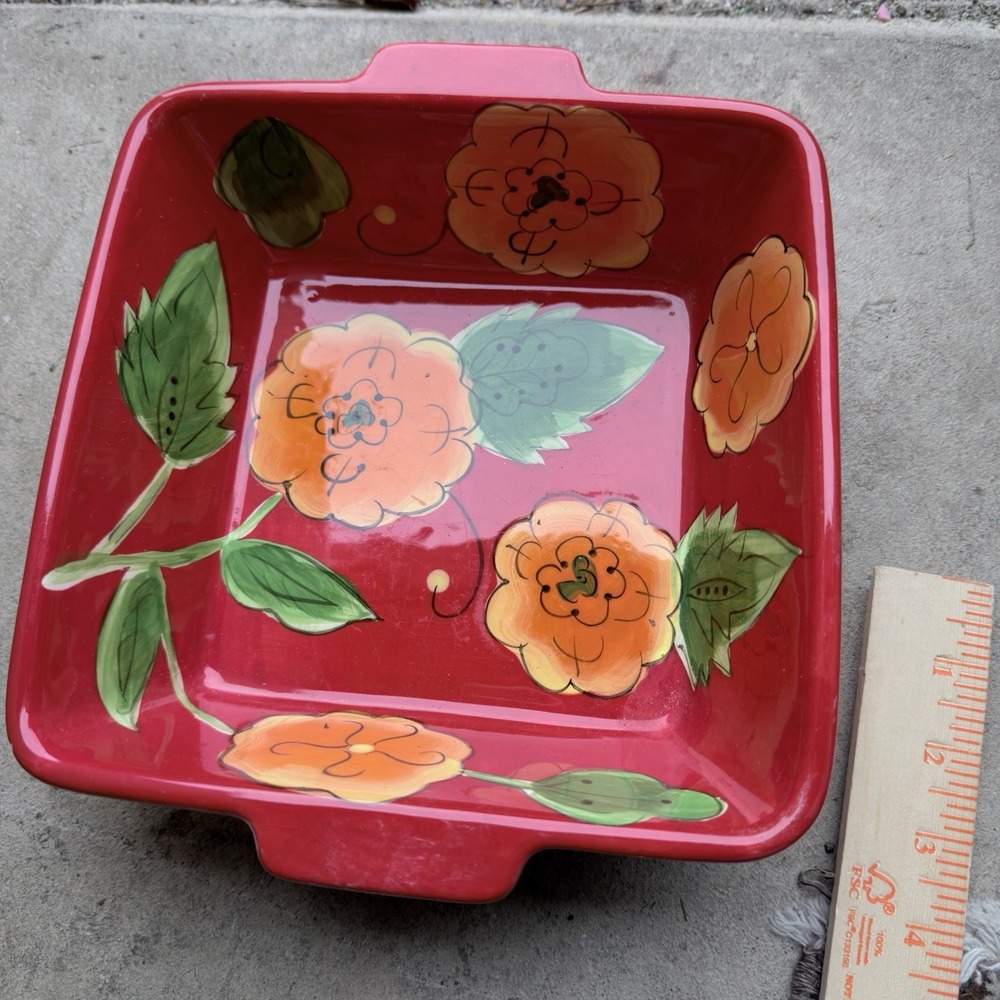 Temp-tations Floral Ceramic Baking Dish Square Red Casserole Dish